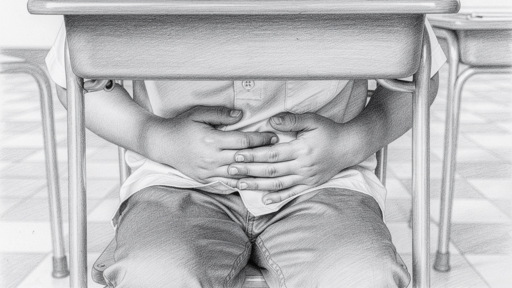 Imagen que representa síntomas físicos de la ansiedad escolar (dolor de cabeza, malestar estomacal, tensión corporal)